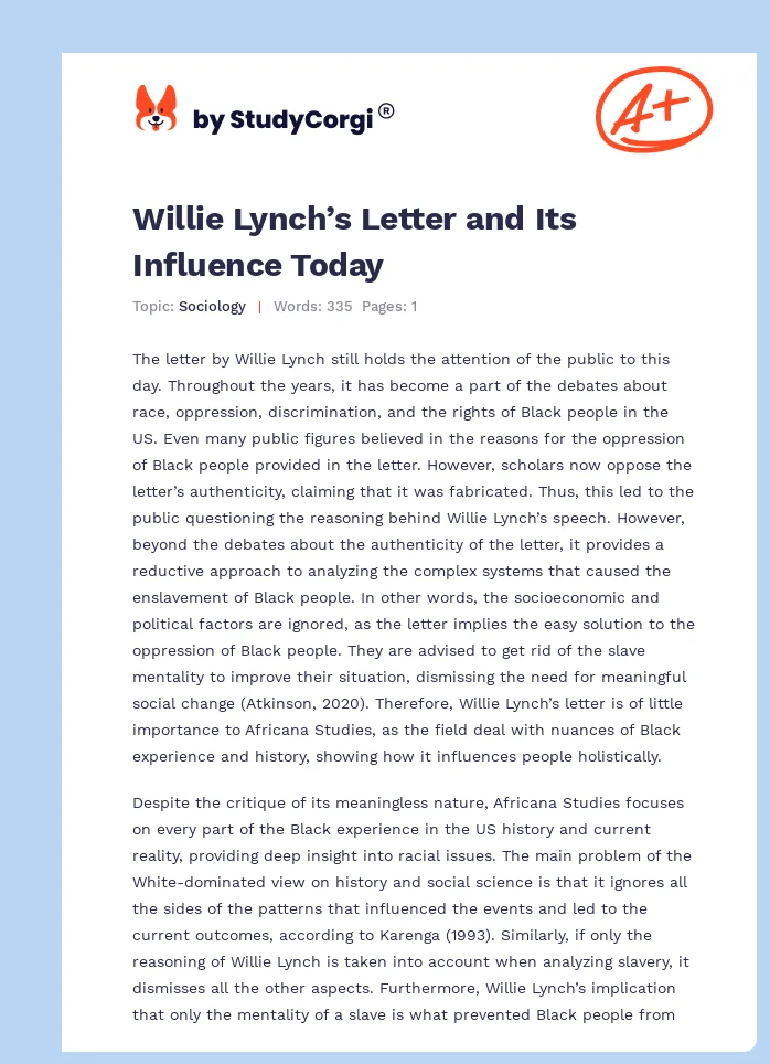 Willie Lynch’s Letter and Its Influence Today. Page 1