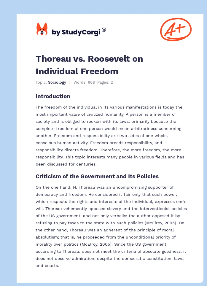 Thoreau vs. Roosevelt on Individual Freedom. Page 1