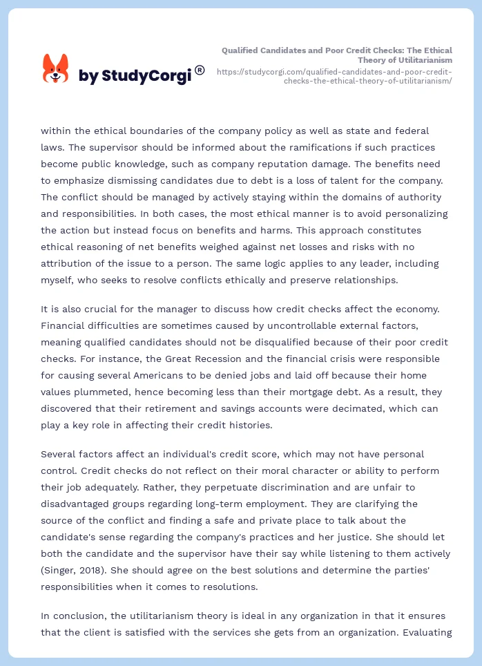 Qualified Candidates and Poor Credit Checks: The Ethical Theory of Utilitarianism. Page 2