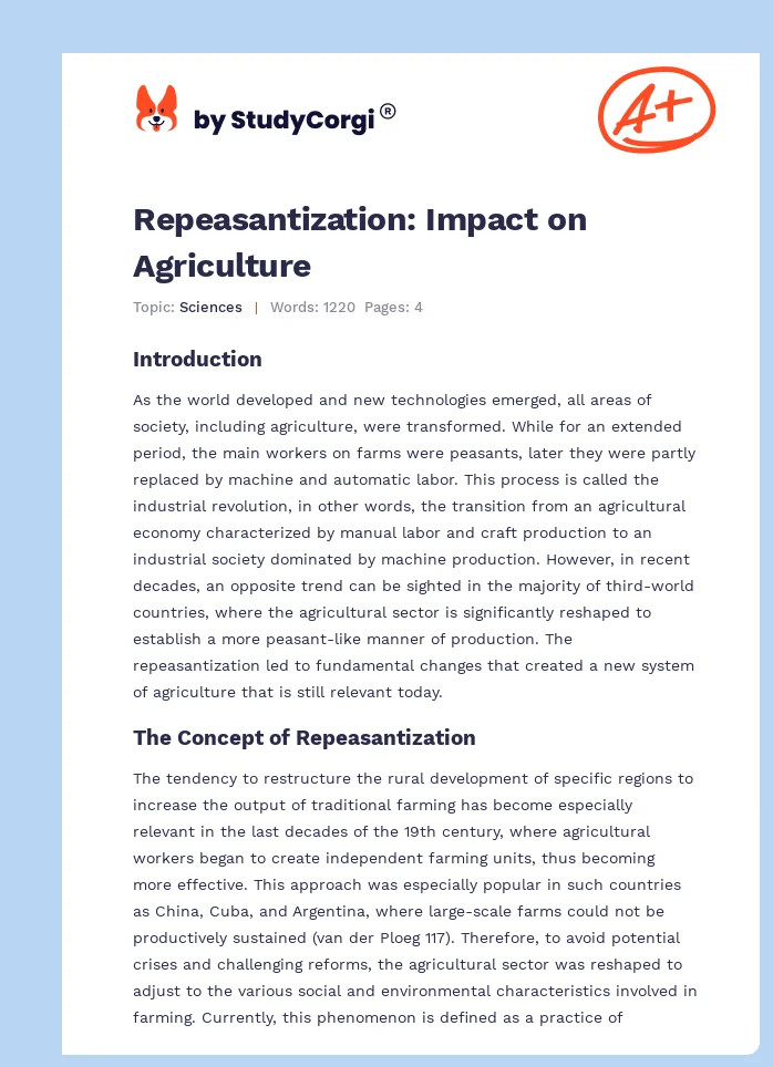 Repeasantization: Impact on Agriculture. Page 1