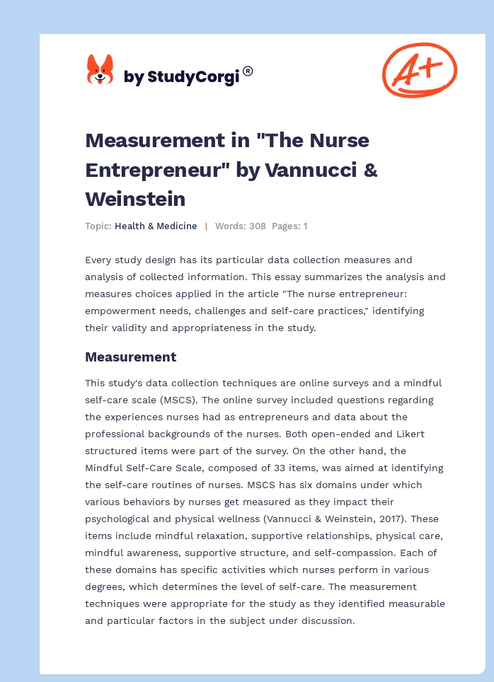 Measurement in "The Nurse Entrepreneur" by Vannucci & Weinstein. Page 1