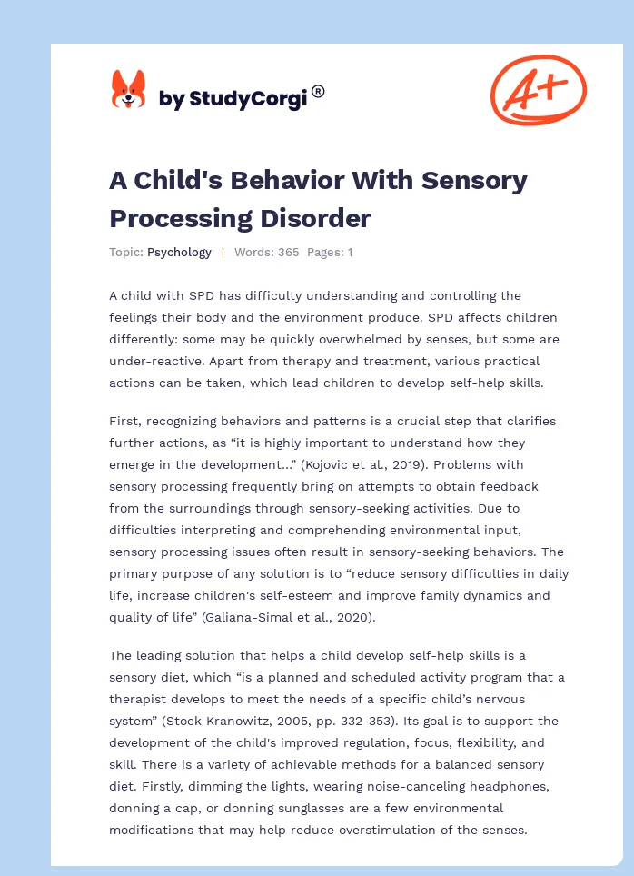 A Child's Behavior With Sensory Processing Disorder. Page 1