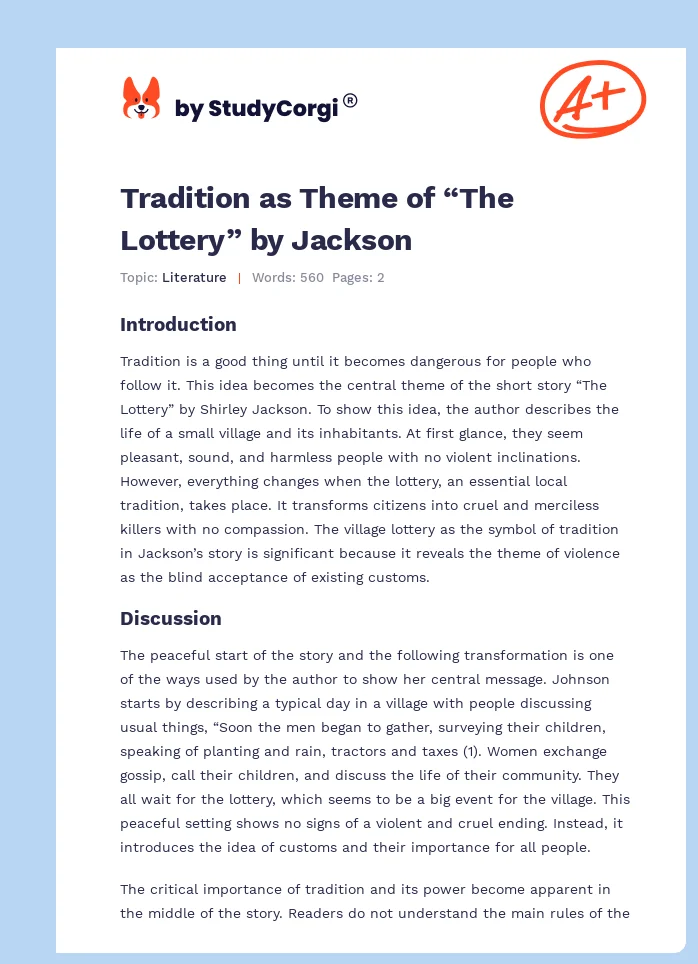Tradition as Theme of “The Lottery” by Jackson. Page 1
