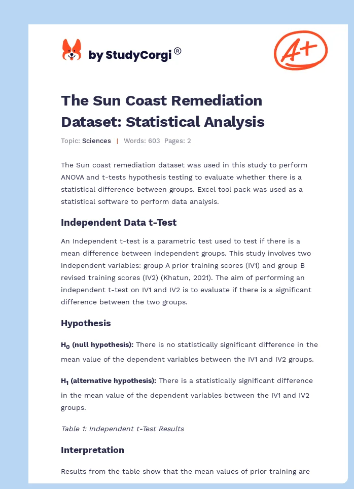 The Sun Coast Remediation Dataset: Statistical Analysis. Page 1