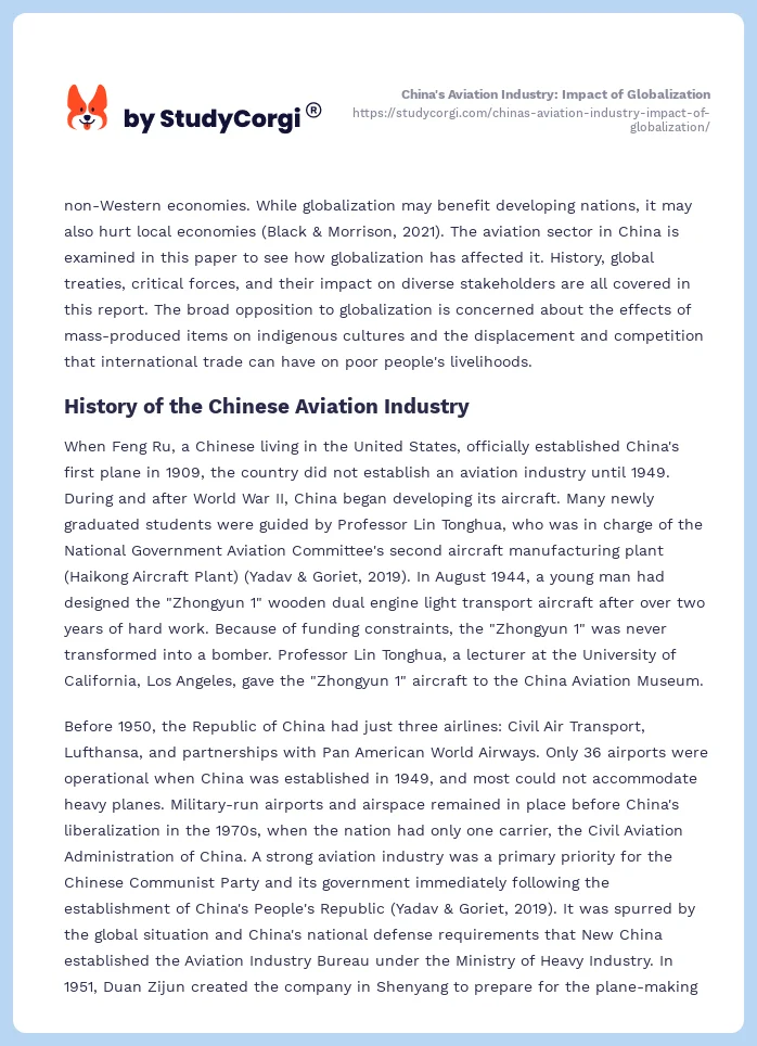 China's Aviation Industry: Impact of Globalization. Page 2