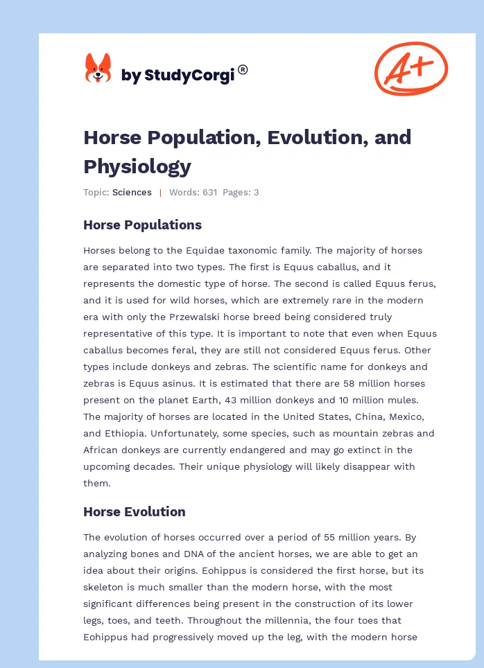 Horse Population, Evolution, and Physiology. Page 1