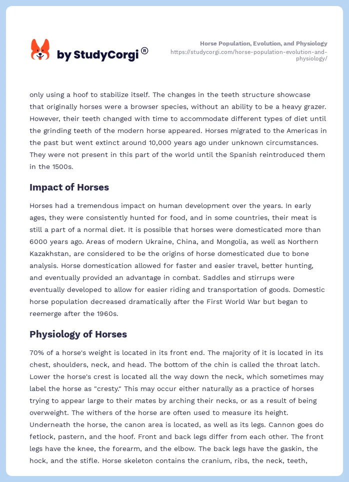 Horse Population, Evolution, and Physiology. Page 2