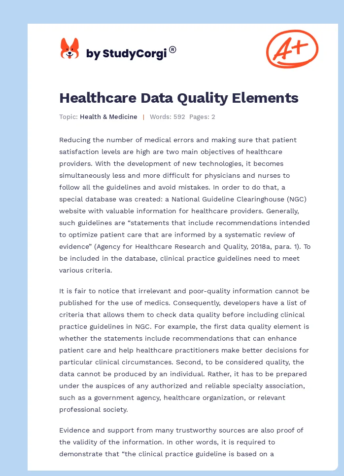 Healthcare Data Quality Elements. Page 1