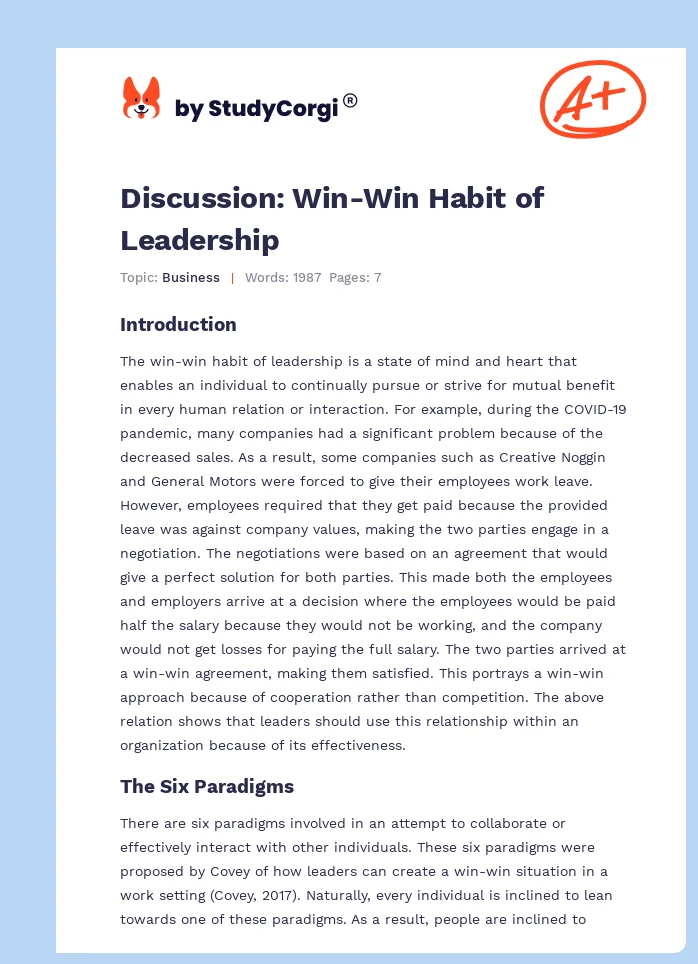 Discussion: Win-Win Habit of Leadership. Page 1