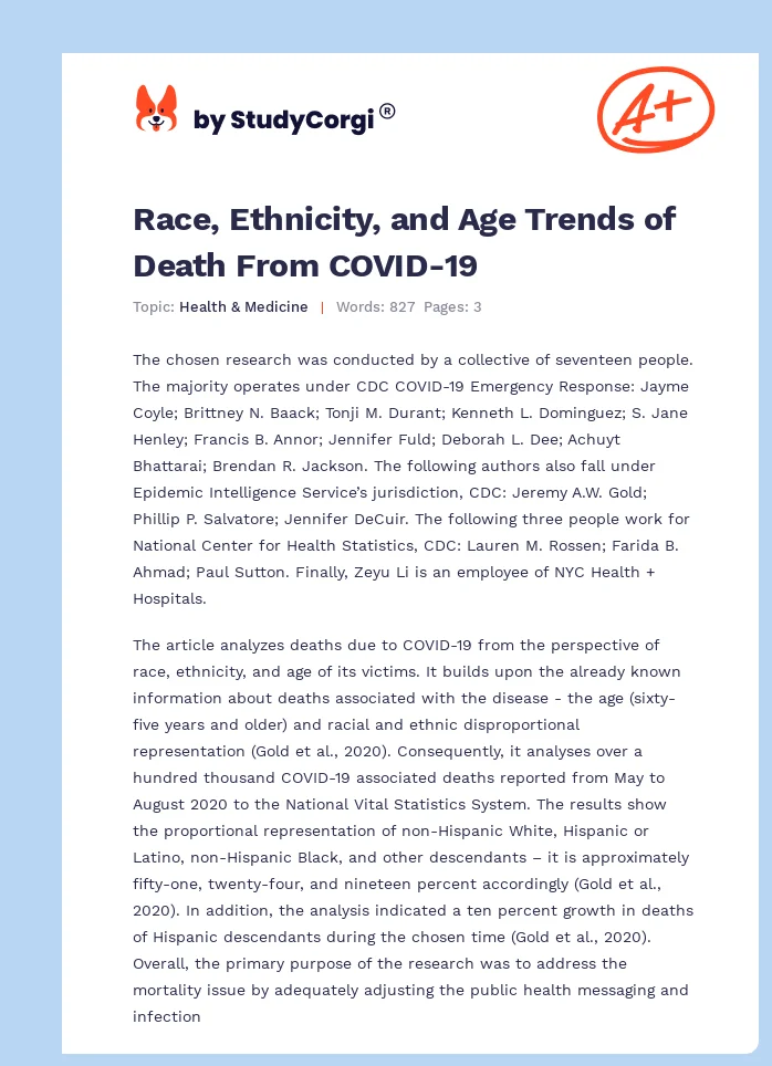 Race, Ethnicity, and Age Trends of Death From COVID-19. Page 1