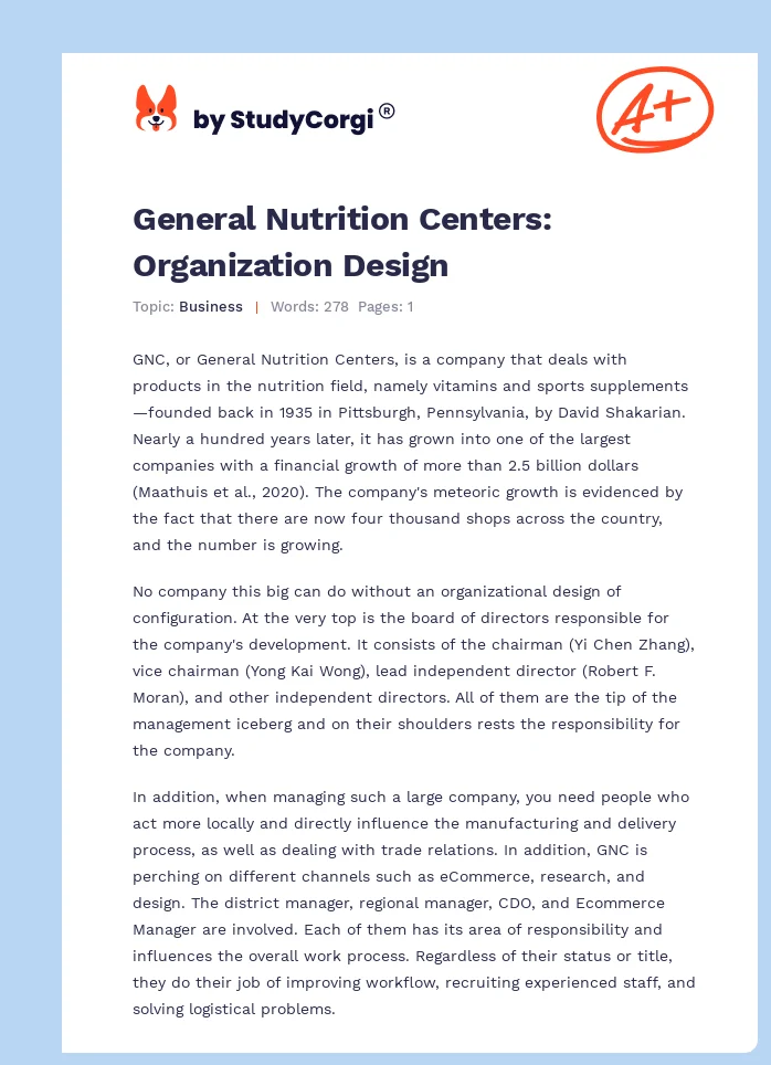 General Nutrition Centers: Organization Design. Page 1