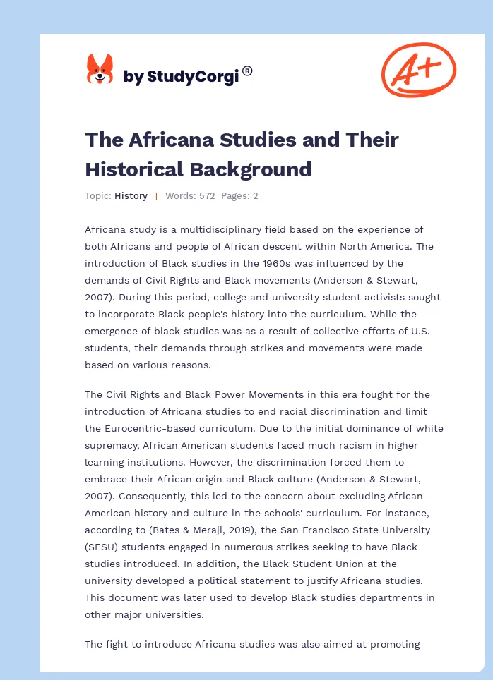 The Africana Studies and Their Historical Background. Page 1