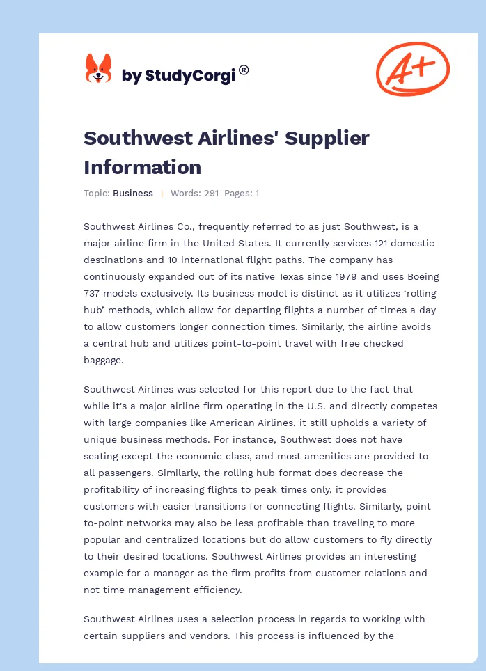 Southwest Airlines' Supplier Information. Page 1