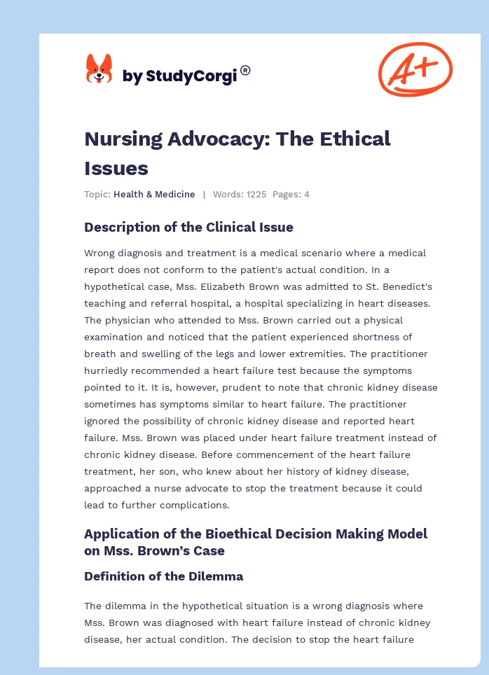 Nursing Advocacy: The Ethical Issues. Page 1