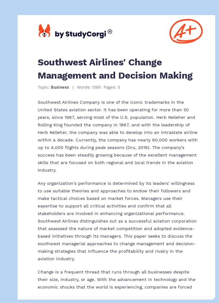 Southwest Airlines' Change Management and Decision Making. Page 1