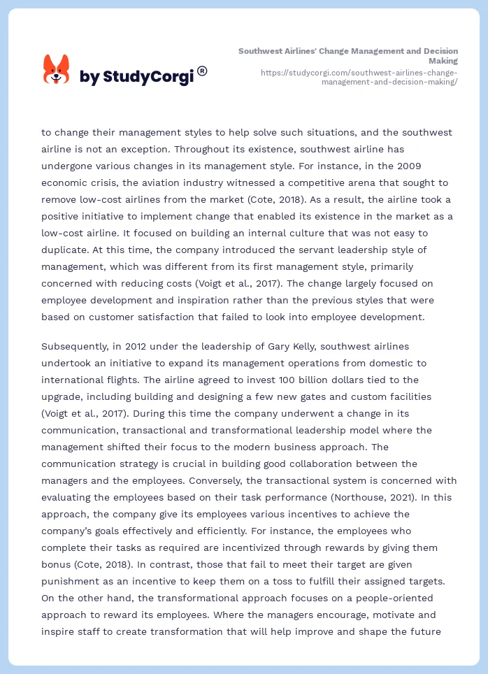 Southwest Airlines' Change Management and Decision Making. Page 2