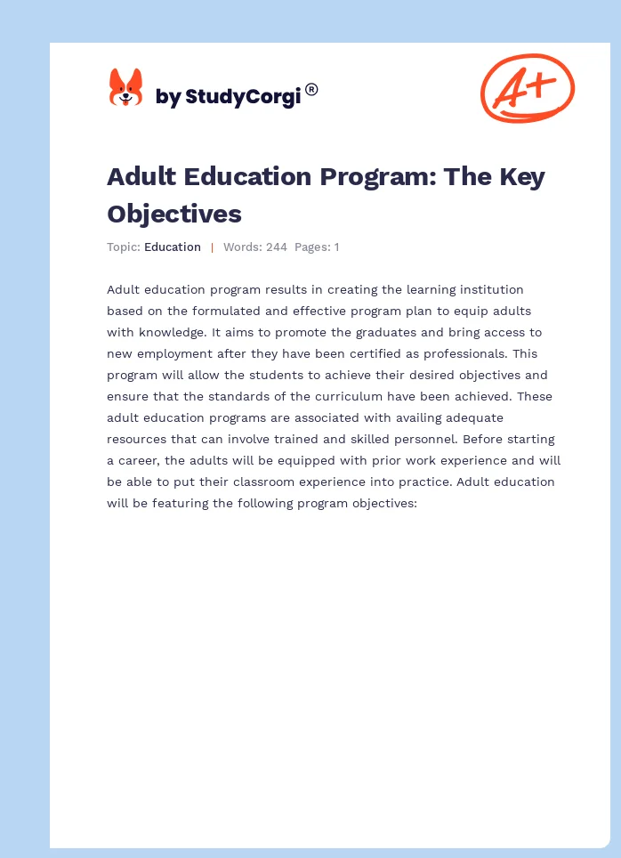 Adult Education Program: The Key Objectives. Page 1