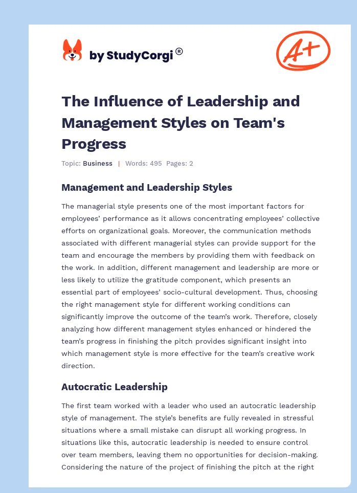 The Influence of Leadership and Management Styles on Team's Progress. Page 1