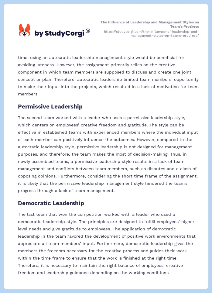 The Influence of Leadership and Management Styles on Team's Progress. Page 2