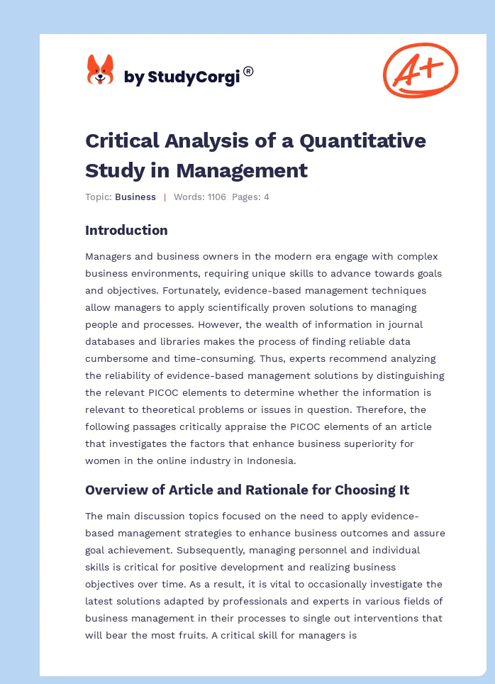Critical Analysis of a Quantitative Study in Management. Page 1
