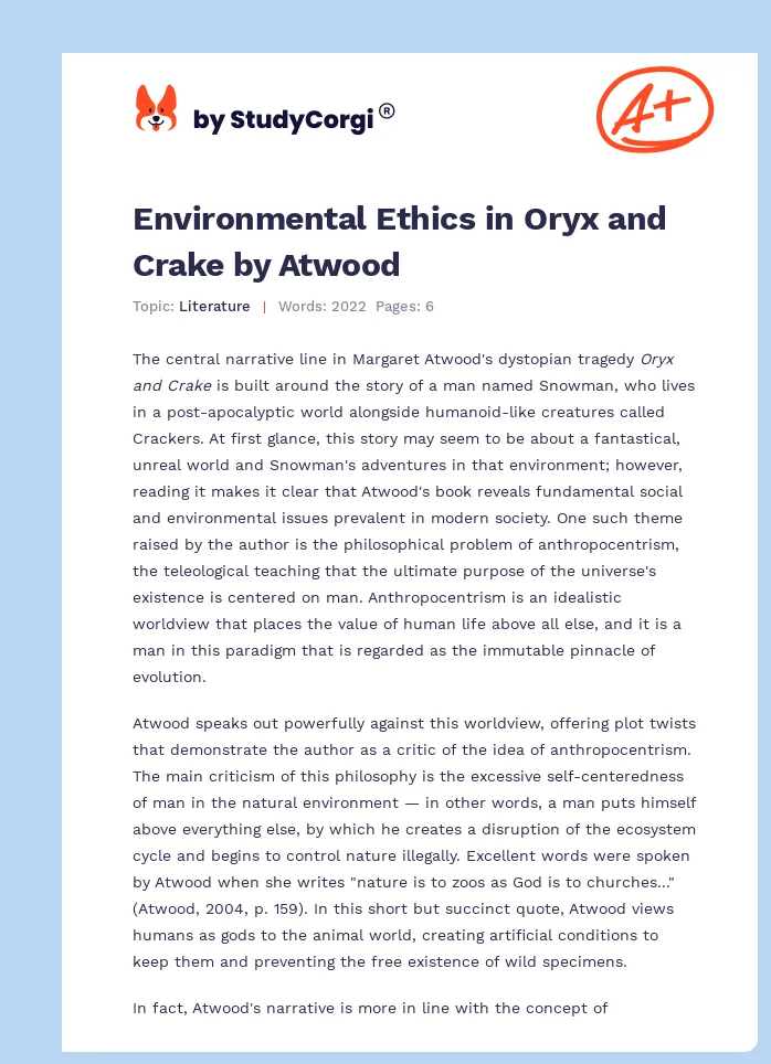 Environmental Ethics in Oryx and Crake by Atwood. Page 1