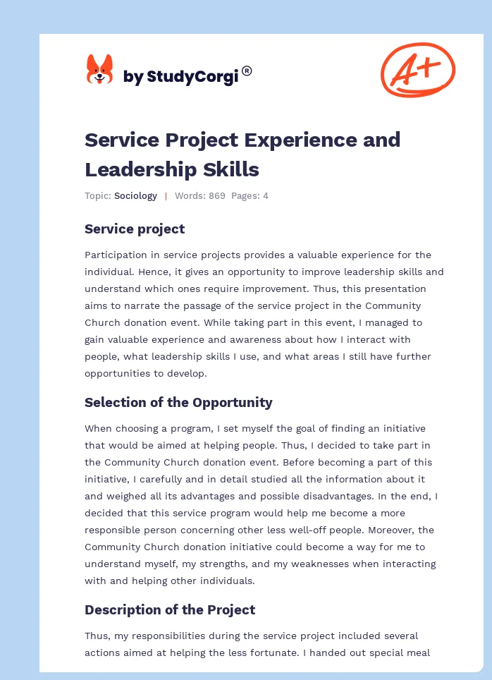 Service Project Experience and Leadership Skills. Page 1