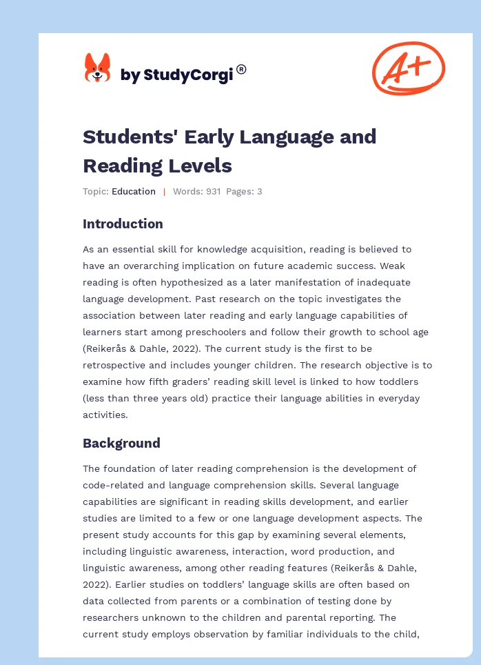 Students' Early Language and Reading Levels. Page 1