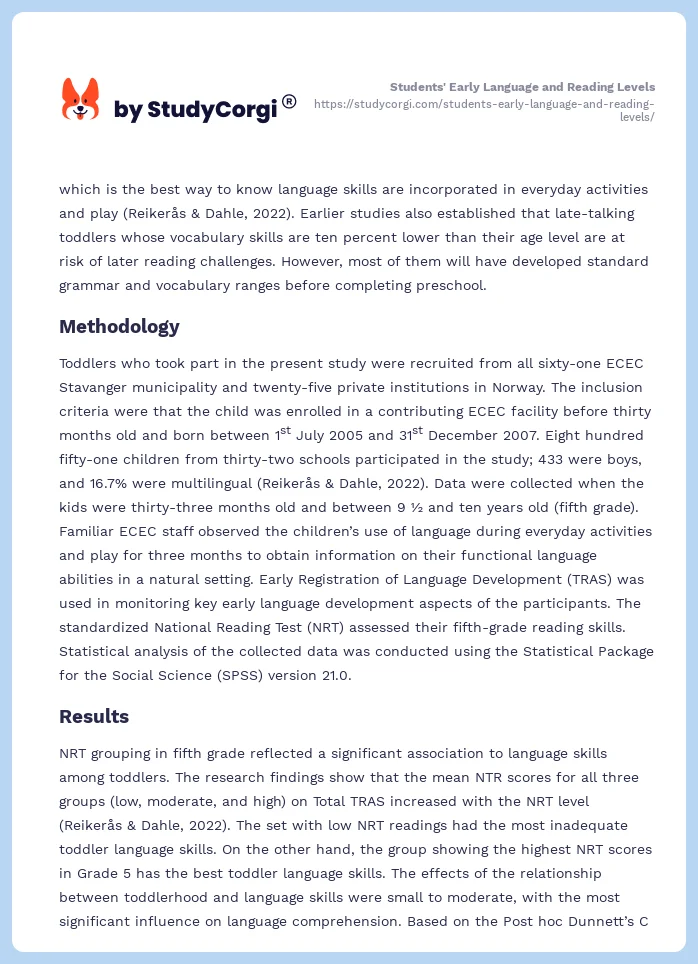 Students' Early Language and Reading Levels. Page 2