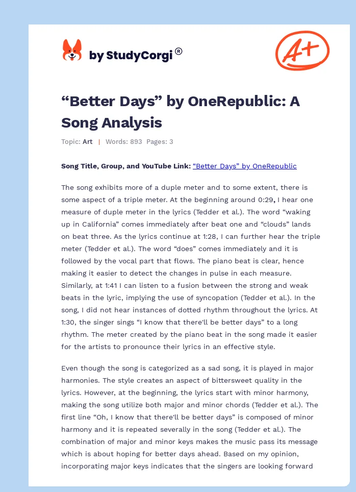 “Better Days” by OneRepublic: A Song Analysis. Page 1