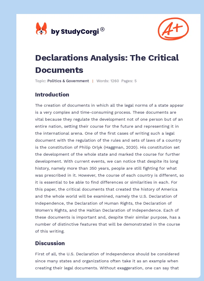 Declarations Analysis: The Critical Documents. Page 1