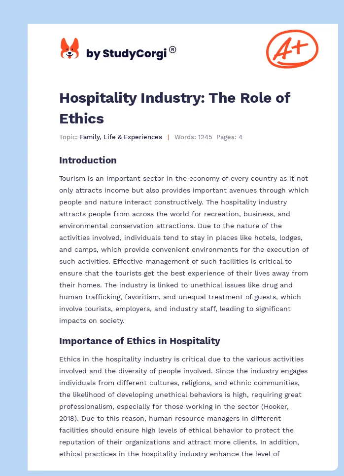 Hospitality Industry: The Role of Ethics. Page 1