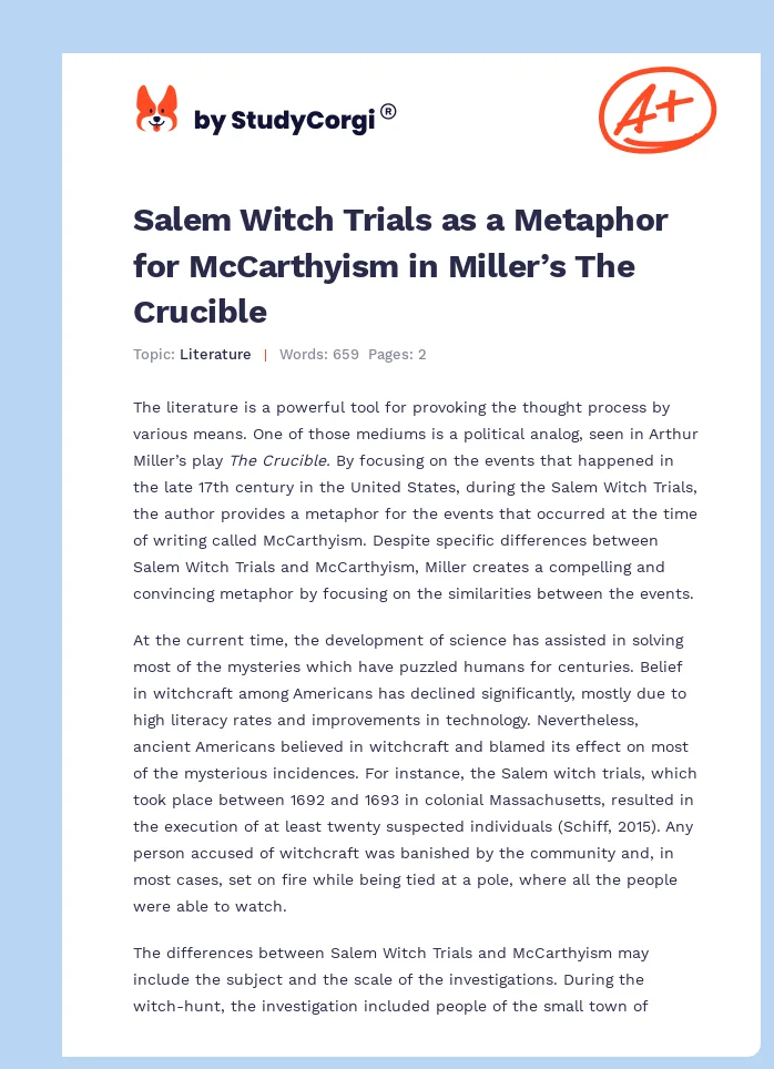Salem Witch Trials as a Metaphor for McCarthyism in Miller’s The Crucible. Page 1