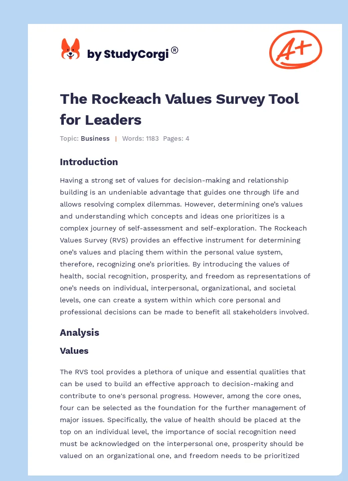 The Rockeach Values Survey Tool for Leaders. Page 1