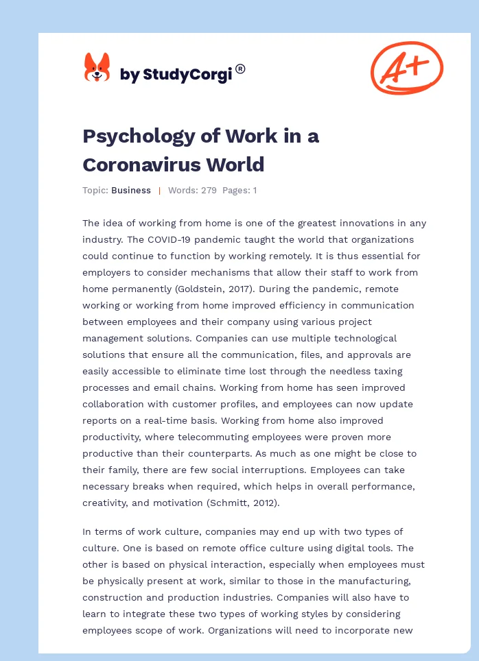 Psychology of Work in a Coronavirus World. Page 1