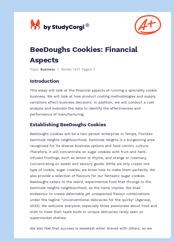 BeeDoughs Cookies: Financial Aspects. Page 1