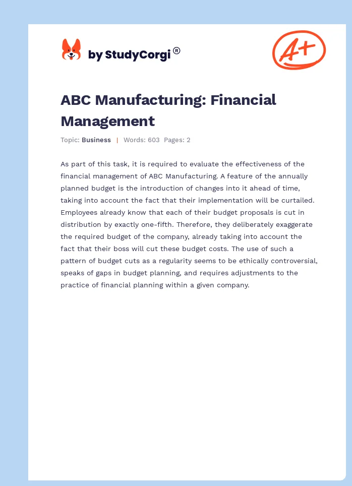 ABC Manufacturing: Financial Management. Page 1