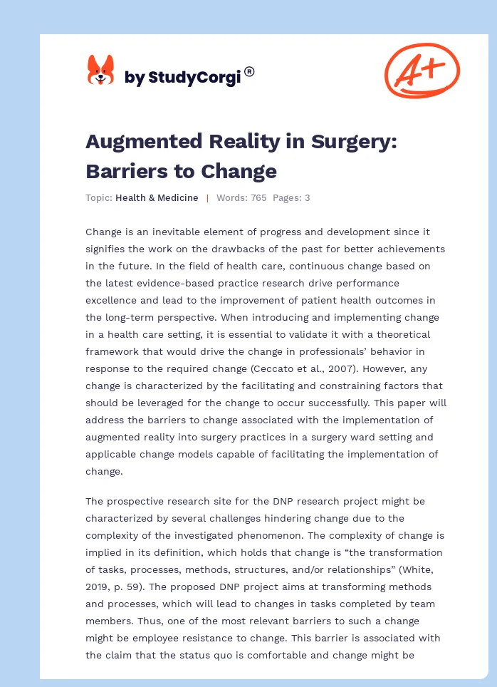 Augmented Reality in Surgery: Barriers to Change. Page 1