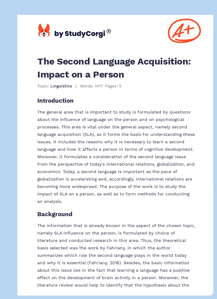 The Second Language Acquisition: Impact on a Person. Page 1