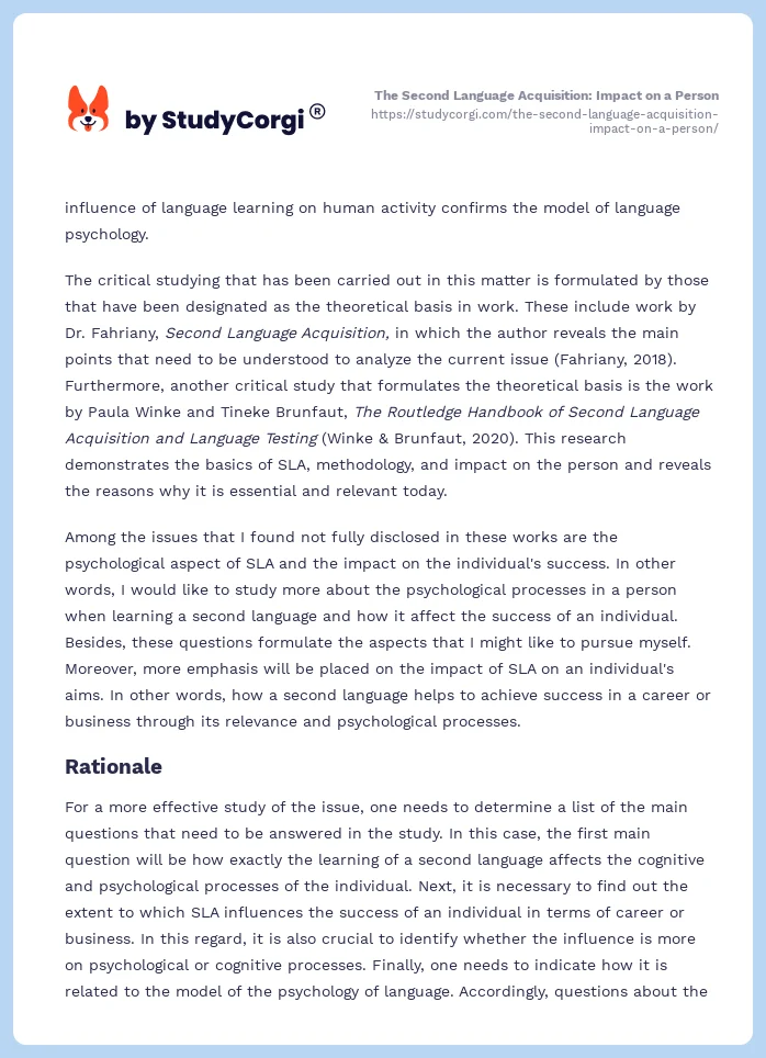 The Second Language Acquisition: Impact on a Person. Page 2