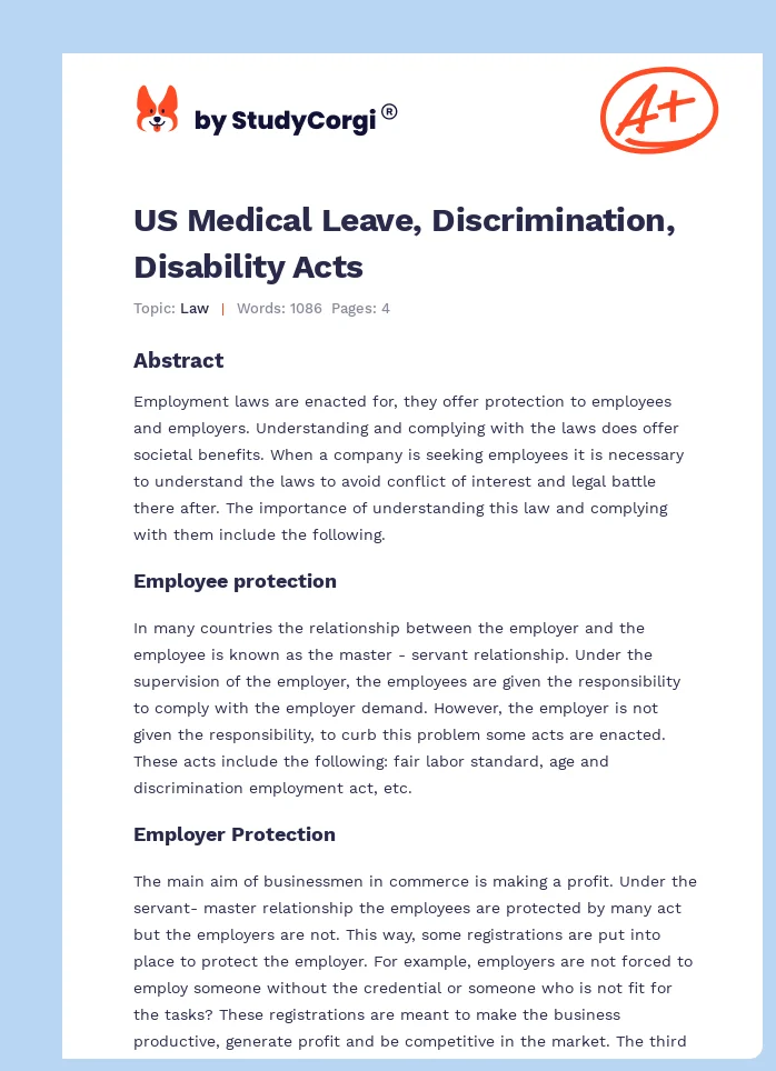US Medical Leave, Discrimination, Disability Acts. Page 1
