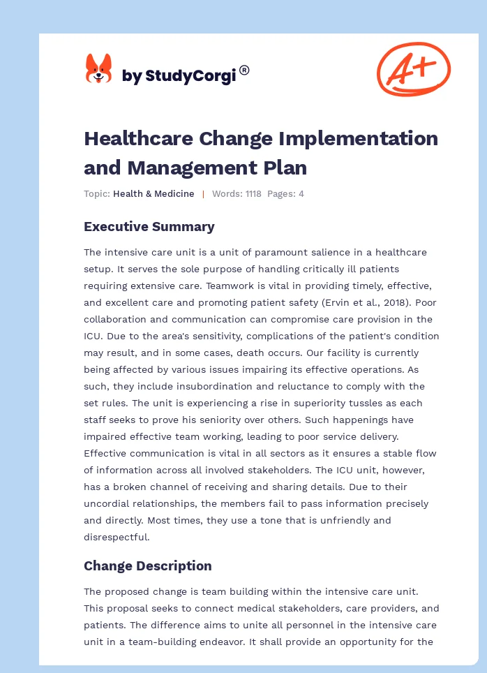 Healthcare Change Implementation and Management Plan. Page 1