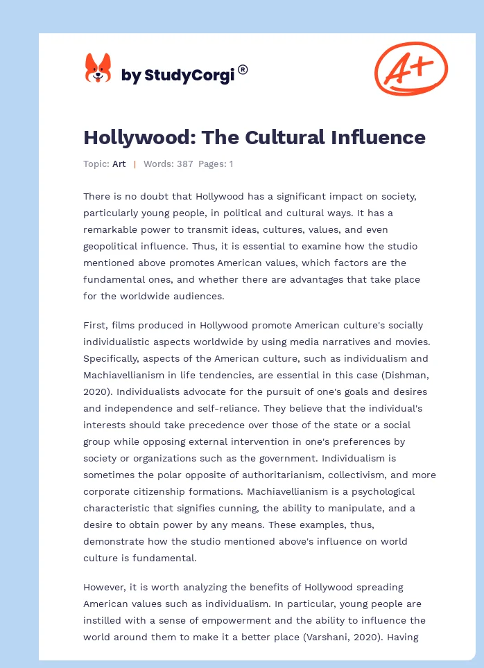 Hollywood: The Cultural Influence. Page 1