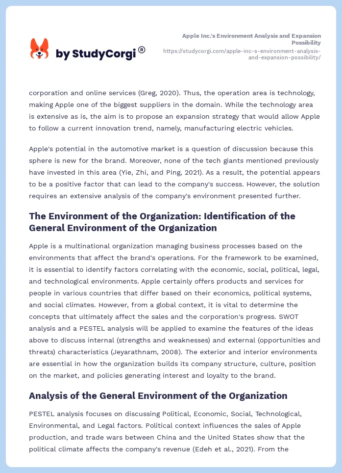 Apple Inc.'s Environment Analysis and Expansion Possibility. Page 2