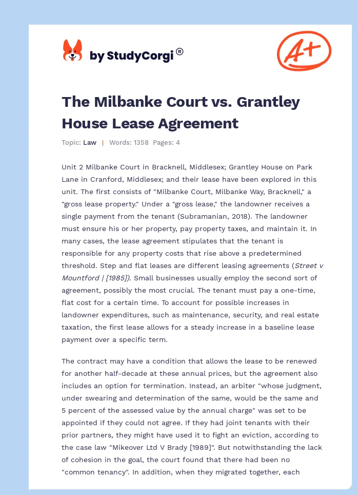 The Milbanke Court vs. Grantley House Lease Agreement. Page 1