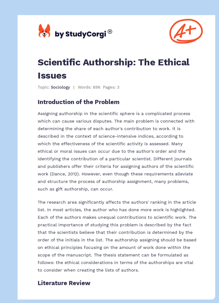 Scientific Authorship: The Ethical Issues. Page 1