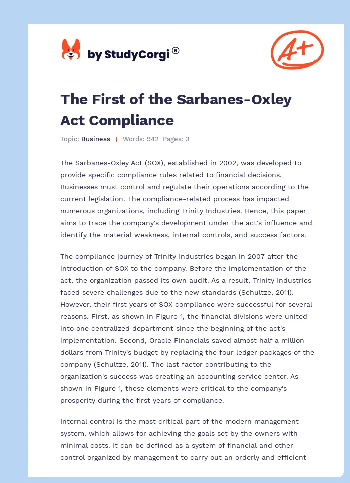 The First of the Sarbanes-Oxley Act Compliance. Page 1