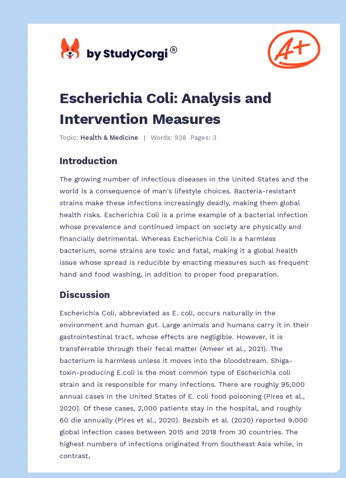 Escherichia Coli: Analysis and Intervention Measures. Page 1