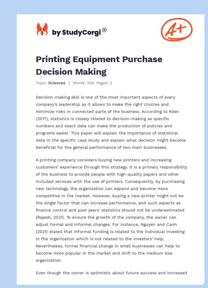 Printing Equipment Purchase Decision Making. Page 1