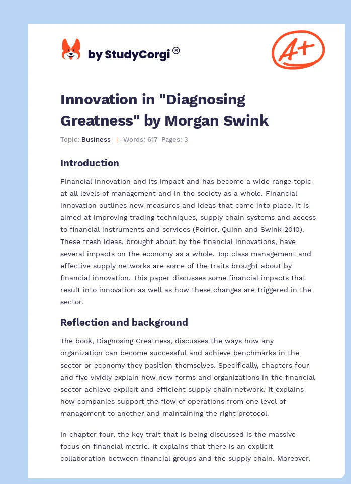 Innovation in "Diagnosing Greatness" by Morgan Swink. Page 1