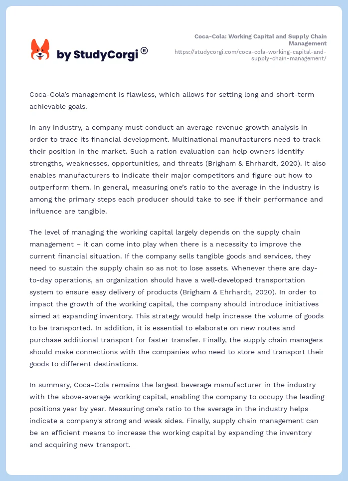 Coca-Cola: Working Capital and Supply Chain Management. Page 2